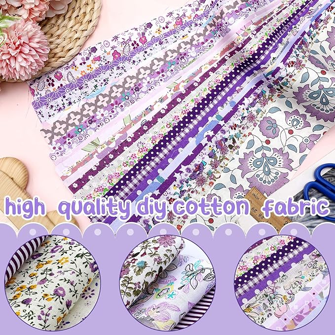 Ganeen 100 Pcs Purple Floral Quilting Fabric Roll 2. 56 Inch Fabric Squares Jelly Patchwork Precut Strips Bundles for Holiday Materials Craft DIY Sewing Cloths