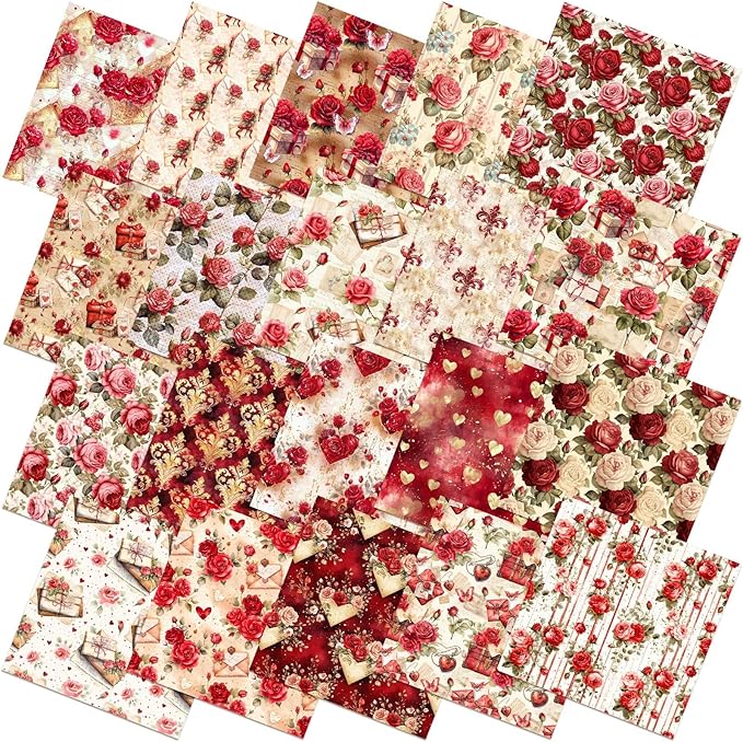 20 Pcs 10''x10'' Vintage Valentines Quilting Fabric Square Bundle Love Heart Precuts Quiltted Fabric Red and Pink Rose Printed Patchwork Supplies for DIY Material Sewing Craft Strips