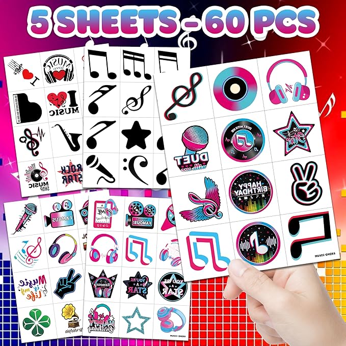 60 PCS Music Note Notes Musical Motivational Pre-Cut Temporary Tattoos for Kids Birthday Themed Party Supplies Decorations Favors Super Cute Instrument Stickers Tattoo Gifts for Girls Boys