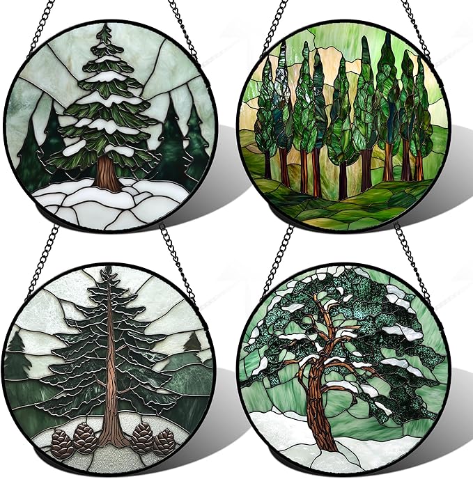 Stained Glass Window Hanging 4 Pcs Set Forest Green Trees Winter Snow 7.8" - Suncatcher Door Garden Sun Catcher Home Decor Birthday Mother's Day for Woman Nana Mom Men