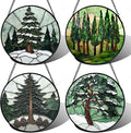 Stained Glass Window Hanging 4 Pcs Set Forest Green Trees Winter Snow Large 11.8" - Suncatcher Door Garden Sun Catcher Home Decor Birthday Mother's Day for Woman Nana Mom Men