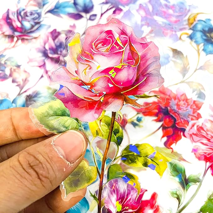 Yoksas Large Holographic Shiny Fantasy Flowers Stickers - 30Pcs Waterproof Clear Glitter Floral Scrapbook Stickers for Junk Journals,Planner,Resin Art Supplies