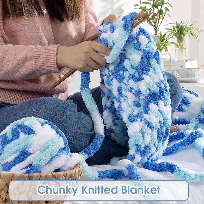 HOMBYS 8 Pack Giant Chunky Yarn for Crocheting and Knitting, Super Bulky Large Soft Fluffy Tie Dye Plush Fuzzy Mixed Color Thick Chenille Yarn (Blue, Sky Blue, White)