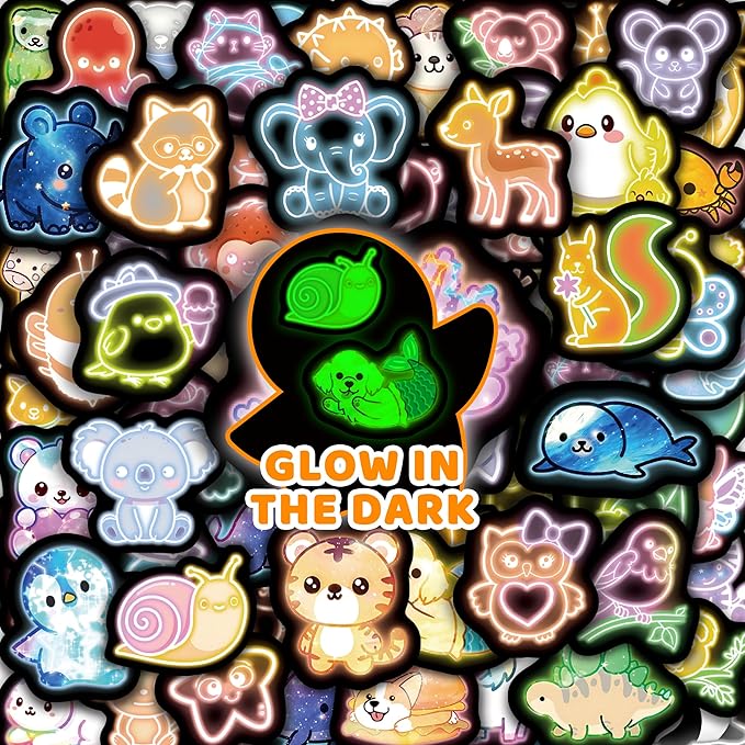 70 Pcs Cartoon Animal Water Bottle Stickers for Kids, Glow in The Dark Cute Neon Vinyl Laptop Decals, Teens Girls Boys Adults Phone Case Skateboard Luggage Decor