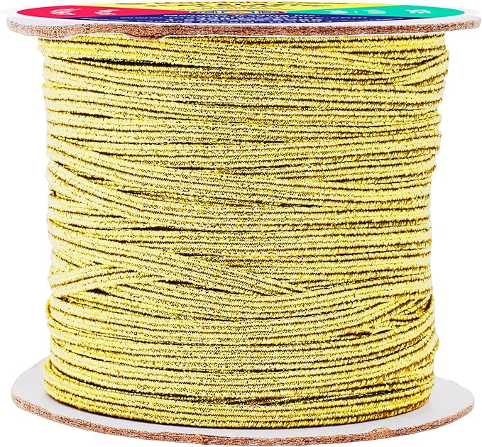 Mandala Crafts 3mm 50 Yds Roll of Metallic Gold Elastic Bands for Sewing - 1/8 Flat Elastics Cord - 1 8 Inch Braided Stretch Straps for Crafting