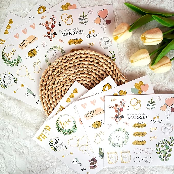 4 Sheets Wedding Celebration Stickers for Bridal Scrapbooking, Pastel Pink Self-Adhesive Waterproof Wedding Stickers for Letters,Bridal Shower,Invitations,Guestbook,Calendar
