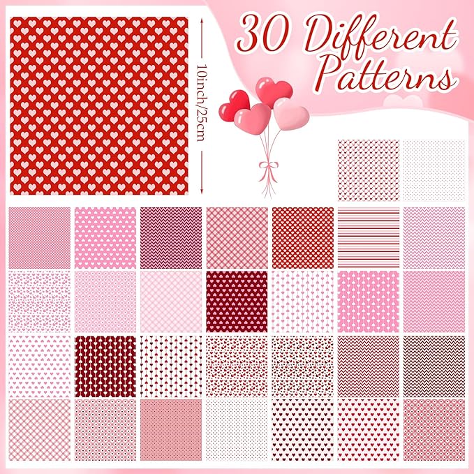 Tatuo 30 Pieces 10 x 10 Inches Cotton Fabric Bundle Squares Patchwork Floral Fabric Sewing Quilting Bundles Assorted Pattern Cloth for DIY Scrapbook Craft Making(Valentine)