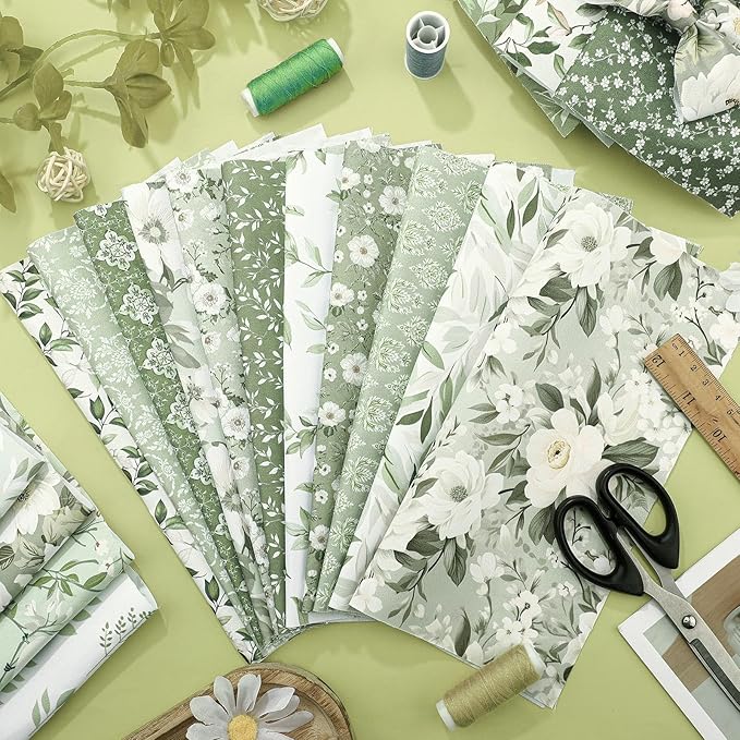 Ganeen 60 Pcs 10 x 10 Inch Sage Green Floral Quilting Fabric Squares Vintage Greenery Fat Patchwork Precut Strips Retro Eucalyptus Printed Fabric Bundles for Holiday DIY Craft Sewing Quilt Material