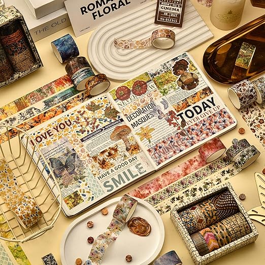 8 Rolls Retro Washi Tape Set Vintage Arts Adhesive Tapes Wide Painting Patterned Decorative Masking Tape Sets for Craft, Kids, Scrapbook, DIY, Gift Wrapping (Dunhuang)
