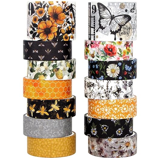 Vintage Bee & Floral Decorative Washi Tape Set - 14 Rolls Retro Honeycomb, Blossom Design craft tape Pack for Journaling, Scrapbooking,Junk Journal, Bullet Journaling , 2 Sizes Decorative Masking Tape
