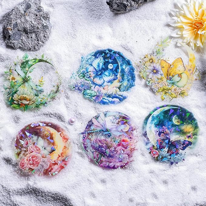 Yoksas 60Pcs Holographic Fantasy Butterfly Dragonfly Moon Stickers - Waterproof Nature Aesthetics Plants Insects Shiny Stickers for Scrapbooking,Junk Journals,Planner