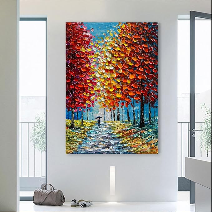 Art Hand-Painted Modern 3D Abstract Oil Painting 45x30 Inch Large Forest Landscape Vertical red Canvas Wall Art Living Room Bedroom Art Decoration