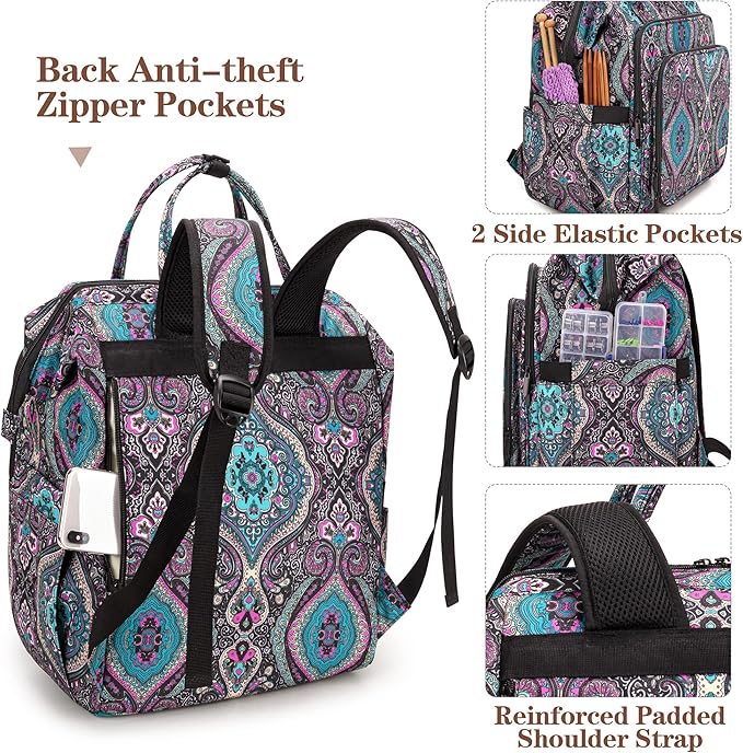 LoDrid Knitting Backpack With Three Oversized Grommets, Travel Yarn Bag With Steel Frame Top, Crochet Organizer for Hooks, Needles, and Other Accessories, Totem