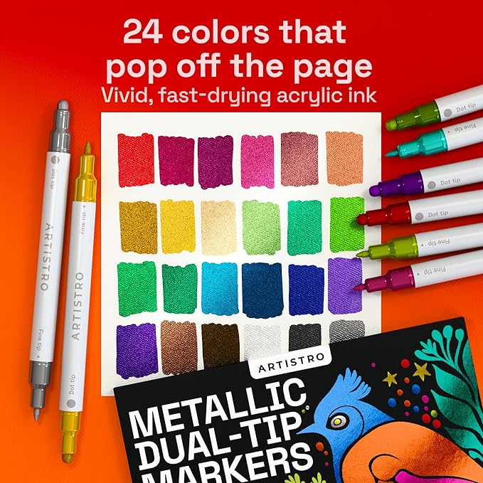 ARTISTRO 24 Metallic Acrylic Paint Markers for Rock, Fabric, Wood, Glass, Craft, Decoration - Dual-Tip Paint Pens - Stocking Stuffers, Christmas Gift Idea for Teens, Grandkids, Kids - Art Supplies