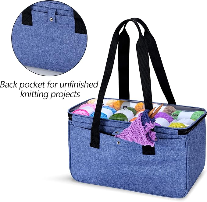 Yarwo Knitting Yarn Bag, Crochet Tote with Pocket for WIP projects, Knitting Needles(Up to 14”) and Skeins of Yarn, Christmas & New Beginnings Gifts for Women, Blue (Bag Only)
