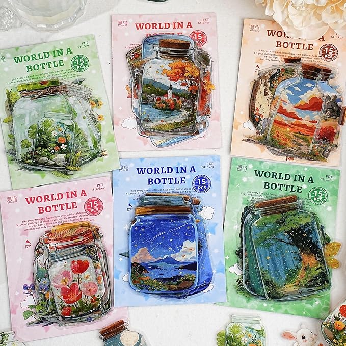 90 Pieces Aesthetic Landscape Creation PET Sticker Set, 6 Pack Vintage Oil Painting Bottle Scenery PET Stickers for Scrapbooking, Journaling, Waterproof DIY Crafts, and Junk Journal