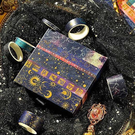 20 Rolls Galaxy Washi Tape Set Stars Arts Adhesive Tapes Gold Silver Foil Decorative Masking Tape Sets for Craft, Kids, Scrapbook, DIY, Gift Wrapping