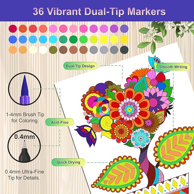 Adult Coloring Book Set with 36 Dual-Tip Markers, 30 Patterns Spiral Bound Coloring Book for Adults Relaxation, Crafts for Adults Women, Anxiety Relief Mindfulness Relaxation Gifts for Adult