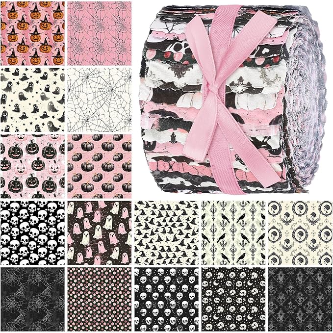 Ganeen 100 Pcs Pink Gothic Christmas Quilting Fabric Roll Retro Ghost Pumpkin 2.56 Inch Fabric Squares Jelly Patchwork Precut Strips Bundles for Halloween Materials Craft DIY Sewing Cloths
