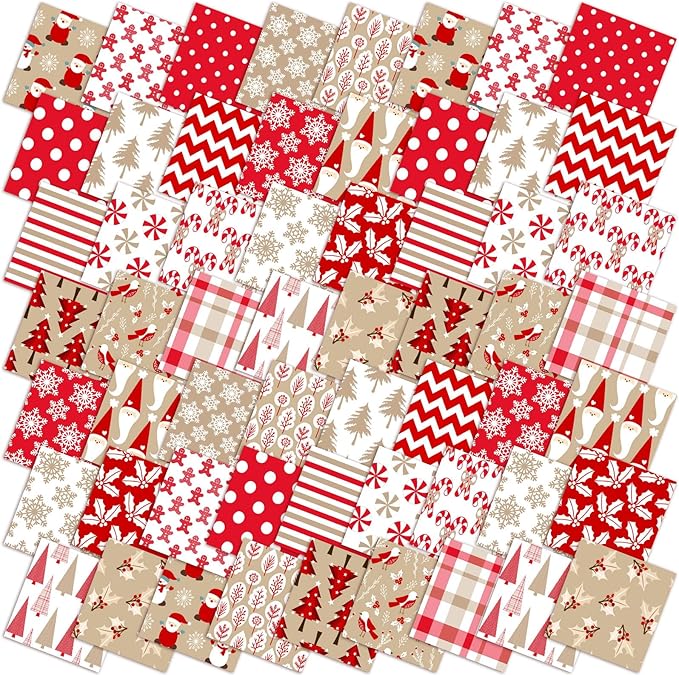 Oudain 60 Pcs 10 x 10 Inch Hot Cocoa Christmas Quilting Fabric Vintage Christmas Fat Squares Patchwork Precut Strips Santa Snowflake Candy Cane Fabric Bundles for Xmas DIY Craft Sewing