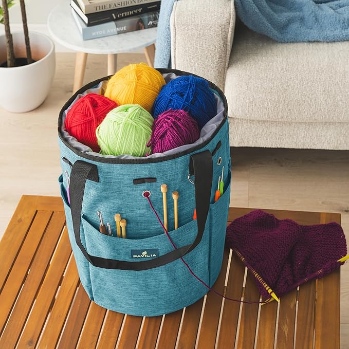 PAVILIA Crochet Bag Knitting Bag Organizer, Yarn Bag Storage Tote for Crocheting On The Go, Knitting Accessories Supplies Holder with Grommets, Gift for Crochet Lovers Knitters (Turquoise Blue)