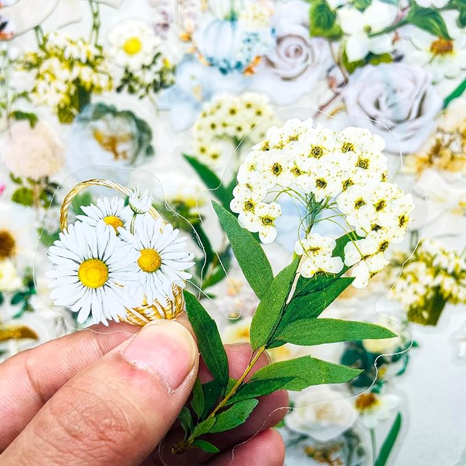 100 Pcs White Floral Stickers for Scrapbooking – Clear Flower Plant Decals, Aesthetic Botanical Watercolor Stickers for Journaling, Planners, Cards, Resin Crafts