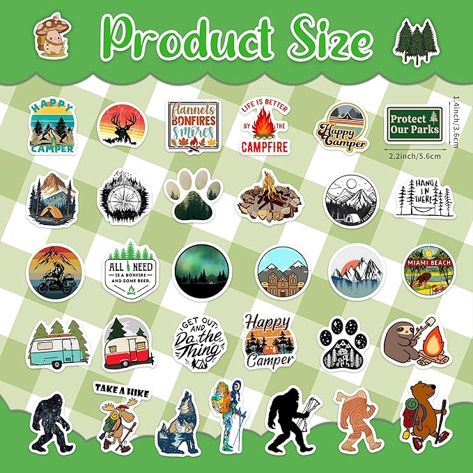 100 Pcs Outdoor Adventure Hiking Camping Stickers for Water Bottle, Waterproof Vinyl Wilderness Nature Travel Wildlife Laptop Decals, Summer Camp Sticker for Teens Adults Kids