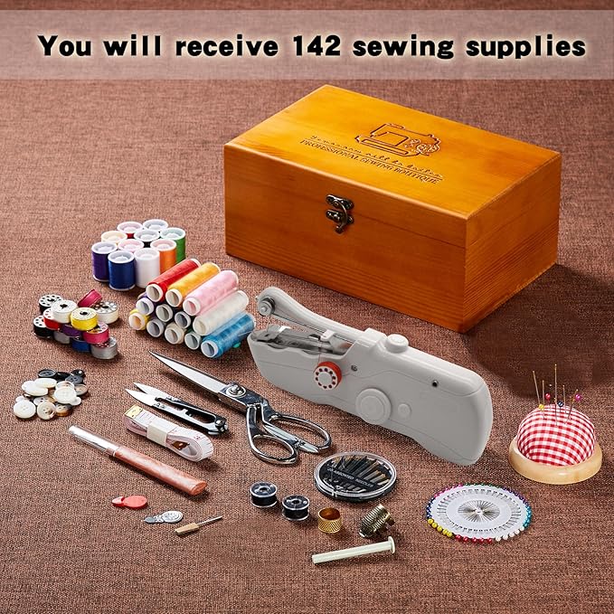 Handheld Sewing Machine with Exquisite Wooden Storage Box & 142-Piece Sewing Kit - Electric Switch, Dual Power Supply, Assorted Needles, Threads, Heavy Duty Scissors - Meets All Household Sewing Needs