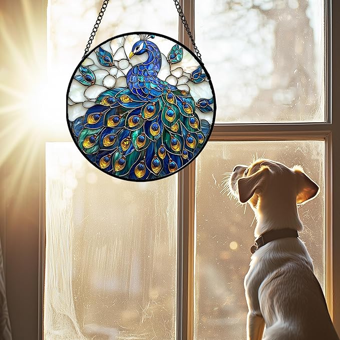 Stained Glass Window Hanging - Peacock Blue Gold Feathers Sun Catcher for Door Garden Home Decor Bird Suncatcher Christmas Mother's Day Birthday Gifts for Women Men Mom Nana 15 in
