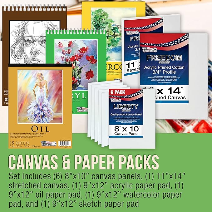 U.S. Art Supply 133-Piece Artist Painting Kit - Aluminum & Wood Easel, 24 Each (Acrylic, Oil, Watercolor Paints), 8 Canvases, 44 Brushes, 4 Paint & Sketch Pads - Painting Kits for Adults, Gift Set