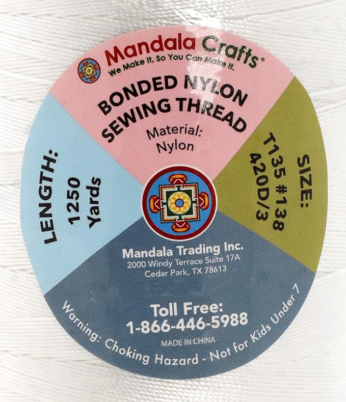 Mandala Crafts Size 138 420D T135 Bonded Nylon Thread - White 1250 YDs Tex 135 Heavy Duty Sewing Threads for Leather, Jeans, Weaving, Outdoor Marine Upholstery