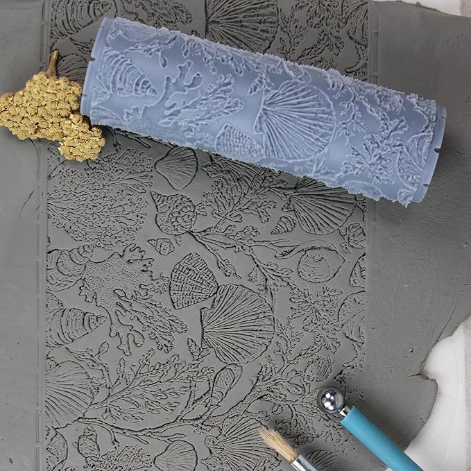 Shellscape Study Clay Texture Roller (4") - Seamless Ocean Set #01 - Embossing Pattern Roller for Polymer & Ceramic Clay, Pottery & Crafts
