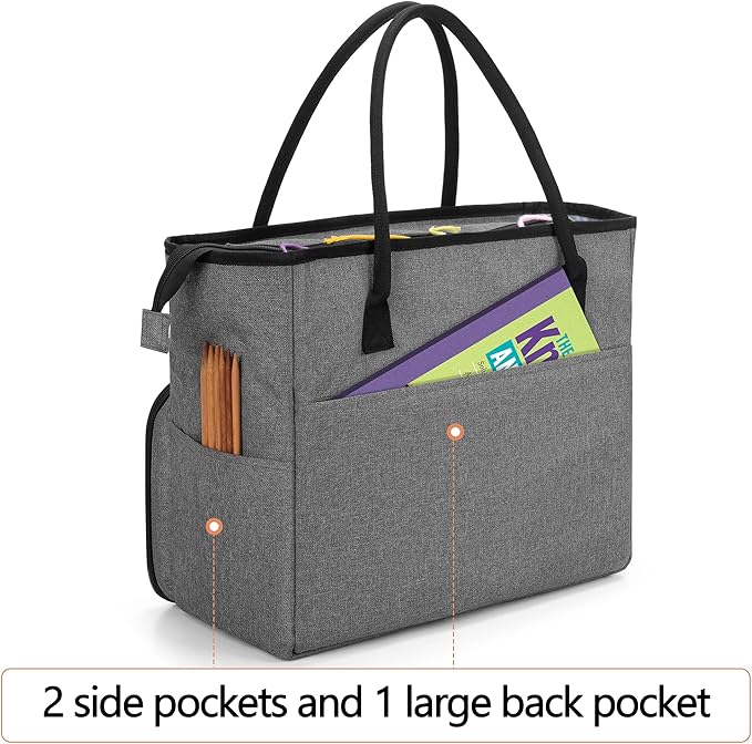Yarwo Knitting Crochet Bag, Yarn Storage Tote Bag for WIP Projects, Yarn Skeins, Crochet Hooks and Knitting needles, Christmas & New Beginnings Gifts for Women, Gray with Arrow (Bag Only)