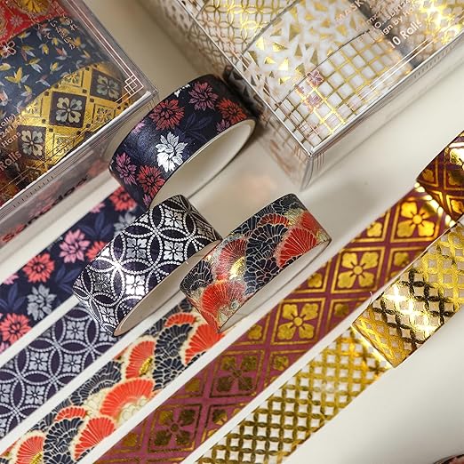 10 Rolls Sakura Washi Tape Set Japanese Arts Adhesive Tapes Gold Silver Foil Decorative Masking Tape Sets for Craft, Kids, Scrapbook, DIY, Gift Wrapping (Cherry Blooms)