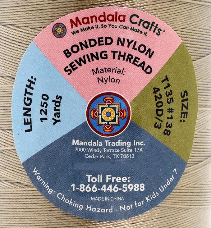Mandala Crafts Size 138 420D T135 Bonded Nylon Thread - Khaki 1250 YDs Tex 135 Heavy Duty Sewing Threads for Leather, Jeans, Weaving, Outdoor Marine Upholstery