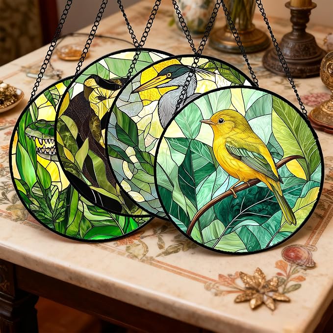 Stained Glass Window Hanging 4 Pcs Set Green Plants Animals Theme Large 15" - Bird Tiger Suncatcher Door Garden Sun Catcher Decor Birthday for Mom Woman Nana Men Friend