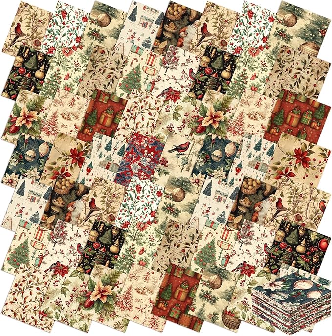 Fanfanwin 100 Pcs 10 x 10 Inch Vintage Christmas Quilting Fabric Christmas Fat Squares Patchwork Strips Santa Red Cardinal Precut Fabric Bundles for Xmas Handmade Crafting DIY Craft Sewing Material