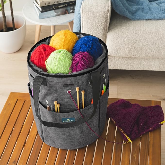 PAVILIA Crochet Bag Knitting Bag Organizer, Yarn Bag Storage Tote for Crocheting On The Go, Knitting Accessories Supplies Holder with Grommets, Gift for Crochet Lovers Knitters (Charcoal Gray)