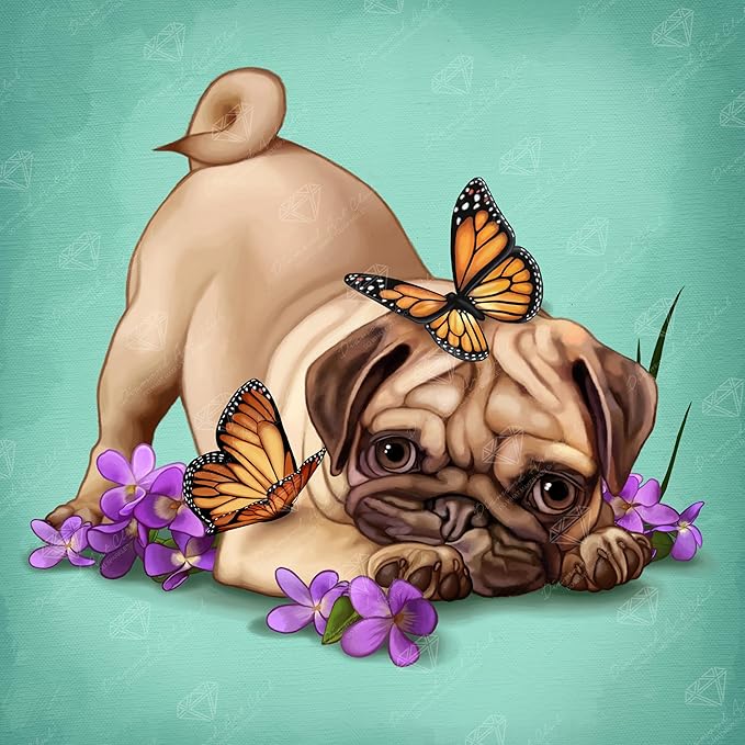 DIAMOND ART CLUB Butterfly Pug Diamond Painting Kit, Fun DIY Crafts for Adults, Round Diamond Art Canvas, 13" x 13"
