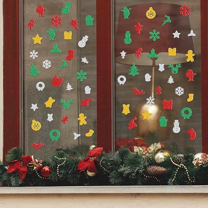 300 Pcs Christmas Foam Stickers Bulk, Self-Adhesive Christmas Stickers DIY Craft, Glitter Santa Claus Snowman Snowflake Pattern, Xmas Party Favors Winter Holiday Decorations