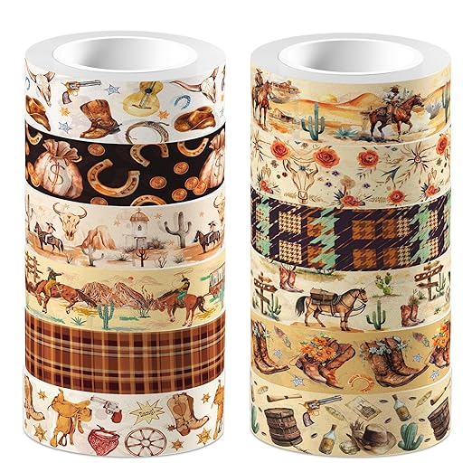 12 Pcs Western Cowboy Washi Tape Western Cowboy Masking Tape Western Cowboy Pattern Decorative Paper Sticker for Western Cowboy Party Holiday Scrapbook DIY Craft Gift Wrapping Handbook Sticker