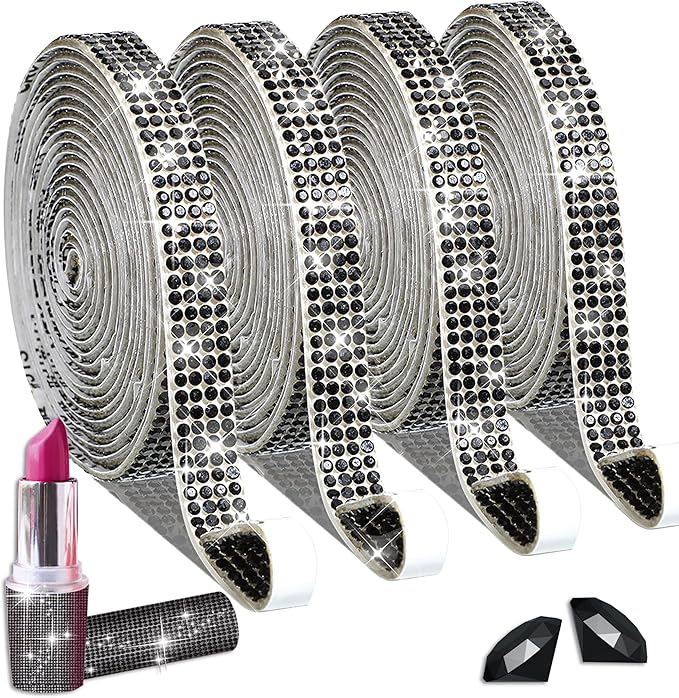4 Rolls Self Adhesive Crystal Rhinestone Ribbon Diamond Bling Tape with 2 mm Rhinestones Strips Sticker for Arts Crafts Wedding Birthday Party DIY Event Car Phone Decoration (Black)