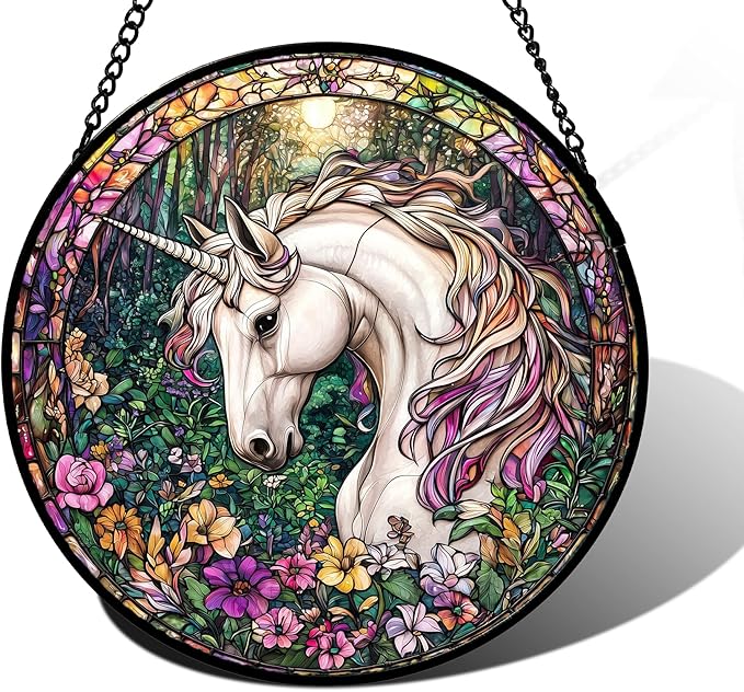 Stained Glass Window Hanging, Unicorn Flowers Suncatcher for Doors Home Sun Catchers Decoration and Christmas, Mother's Day Birthday Gifts for Women, Men, and Mom 6.3 in