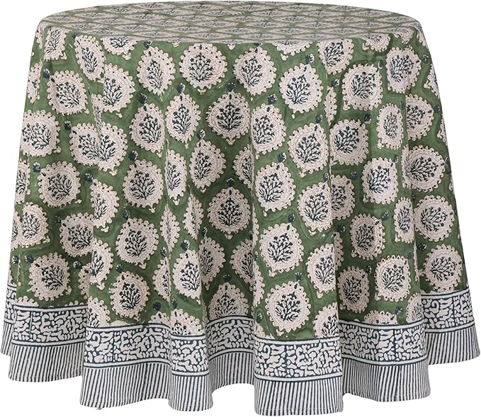 ATOSII Kari Green 100% Cotton Round Boho Spring Summer Tablecloth, Block Print Floral Table Cloth Linen for Dining, Parties, Weddings, OutdoorsI Home Table Decor 90" Inches Round