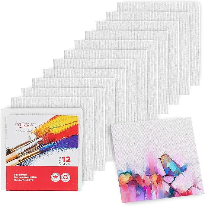 Artlicious Small Canvases for Painting - Pack of 12, 4 x 4 Inch Blank White Canvas Boards - 100% Cotton Art Panels Mini Canvas Bulk for Oil, Acrylic & Watercolor Small Painting Canvas