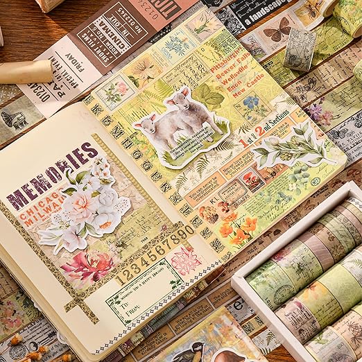 20 Rolls Vintage Washi Tape Set Retro Arts Adhesive Tapes Fleeting Monologue Decorative Masking Tape Sets for Craft, Kids, Scrapbook, DIY, Gift Wrapping (Wilderness Remians)