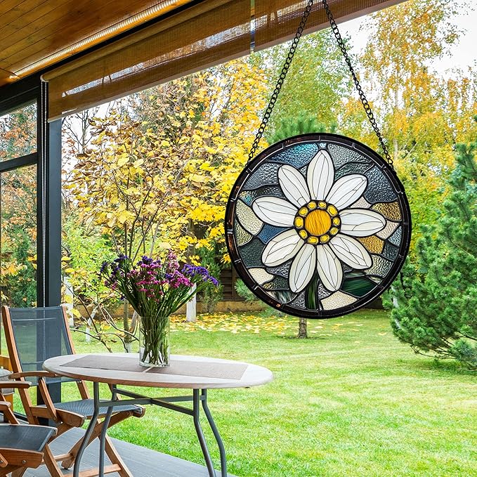 Stained Glass Window Hanging - Yellow White Daisy Birth Flower Suncatcher for Door Garden Yard Sun Catchers Decor Christmas Mother's Day Birthday Gifts for Teacher Women Mom Nana 11.8 in