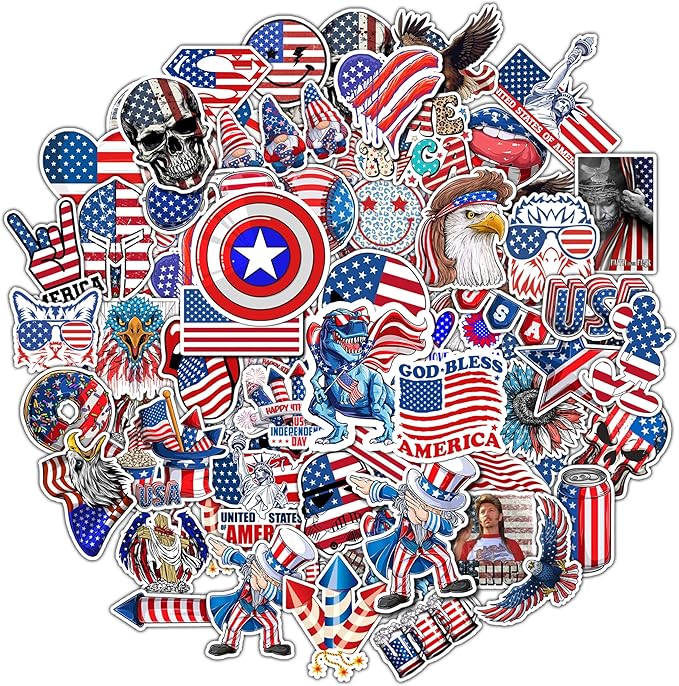 BEATRI USA 4th of July Stickers 50Pcs American Patriotic Independence Day Vinyl Waterproof Decor & Party Favors for Laptop, Water Bottle, Skateboard... | Non-Repeating Decals, High-Definition Print