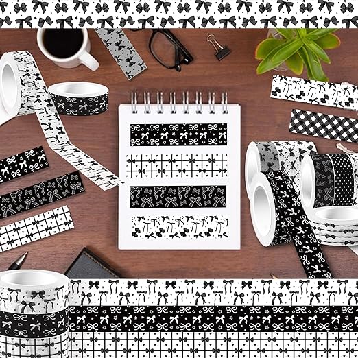 12 Rolls of Black Bow Washi Tape, Black and White Decorative Tape, Masking Tape for Note Taking Supplies, Scrapbooking, DIY Crafts, Gift Wrap Supplies