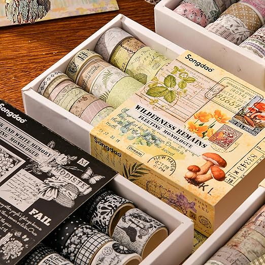 20 Rolls Vintage Washi Tape Set Retro Arts Adhesive Tapes Fleeting Monologue Decorative Masking Tape Sets for Craft, Kids, Scrapbook, DIY, Gift Wrapping (Wilderness Remians)